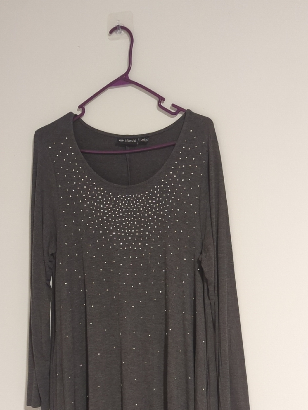 Nina Leonard Charcoal Gray Long Sleeve Scoop Neck Top Dress With Studs.